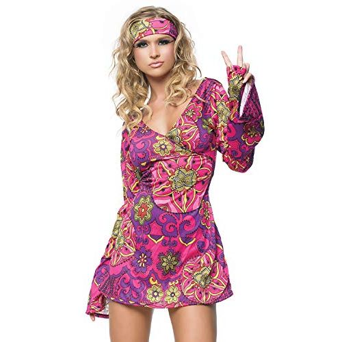  할로윈 용품Leg Avenue Womens 2 Piece Hippie Girl Costume Retro Print Bell Sleeves Go Go Dress With Head Band