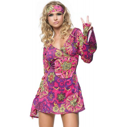  할로윈 용품Leg Avenue Womens 2 Piece Hippie Girl Costume Retro Print Bell Sleeves Go Go Dress With Head Band