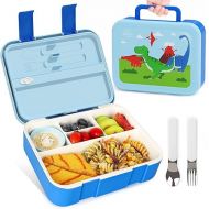 Lehoo Castle Bento Lunch Box for Kids with 5 Compartments,1250ml Lunch Containers with Sauce Jar, Spoon&Fork, Durable, Leak Proof, BPA-Free and Food-Safe Materials (Dinosaur)