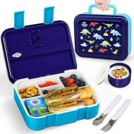 Lehoo Castle Bento Lunch Box for Kids, 1250ml, with 5 Compartments, Spoon, Fork, Sauce Jar, Leak Proof, BPA-Free, Sizes for Boys and Girls Ages 3 to 7 (Dare Blue-Dinosaur)