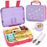 Lehoo Castle Bento Lunch Box for Kids Girls, 1250ml, with 5 Compartments, Spoon, Fork, Sauce Jar, Leak Proof, BPA-Free, Sizes for Boys and Girls Ages 3 to 7 (Pink Purple-Ice Cream)