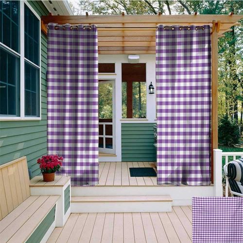  Leinuoyi leinuoyi Checkered Tablecloth, Outdoor Curtain Set of 2 Panels, Purple and White Colored Gingham Checks Rows Picnic Theme Vintage Style Print, Fashions Drape W120 x L96 Inch Purple