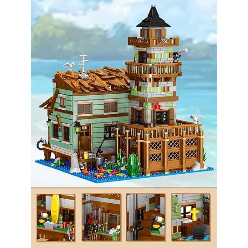  Fishing Village Store House Building Set, 1881 PCS Wood Cabin Mini Building Block Kit, STEM Architecture Toys, Birthday Gift for Adults Ages 8-14+ Teens