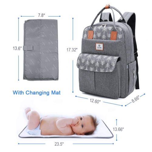  Lekebaby Large Diaper Bag Backpack with Changing Pad and Stroller Straps with Arrow Print, Gray