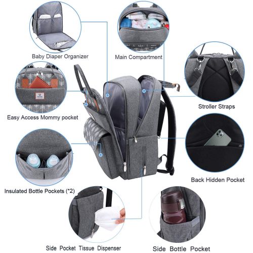  Lekebaby Large Diaper Bag Backpack with Changing Pad and Stroller Straps with Arrow Print, Gray