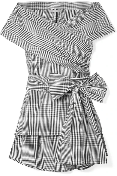 Lela Rose Off-the-shoulder checked poplin wrap blouse