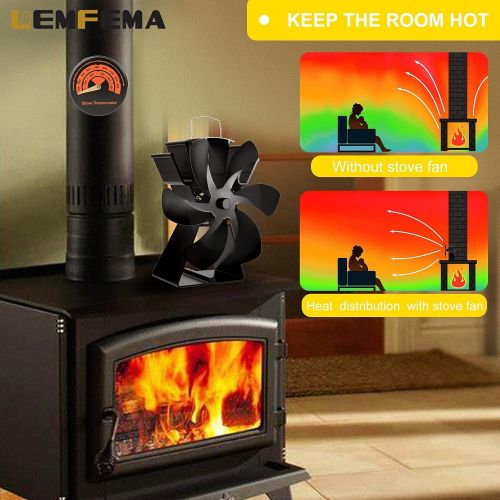  Lemfema Upgrade 6 Blade Fireplace Fan, Heat Powered Stove Fan for Gas/Pellet/Wood/Log Burning Stoves with Thermometer, 30% More Warm Air Than 4 Blade Fan