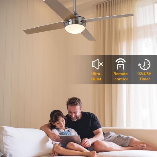  LeminFan Ceiling Fan Light Fixtures LED 52 Inch Brushed Nickel Modern Ceiling Fan with Remote Control For Bedroom,Living Room,Dining Room