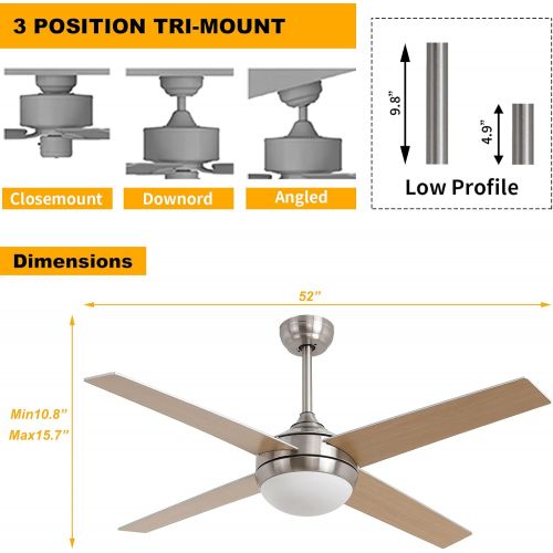  LeminFan Ceiling Fan Light Fixtures LED 52 Inch Brushed Nickel Modern Ceiling Fan with Remote Control For Bedroom,Living Room,Dining Room