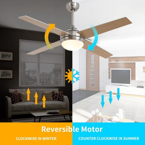  LeminFan Ceiling Fan Light Fixtures LED 52 Inch Brushed Nickel Modern Ceiling Fan with Remote Control For Bedroom,Living Room,Dining Room