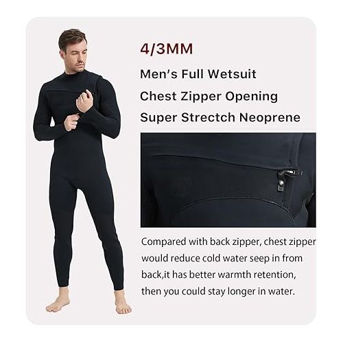  Lemorecn Men’s Surfing Wetsuit Super Stretch Neoprene 4/3mm Chest Zip Full Wetsuit for Men