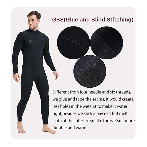  Lemorecn Men’s Surfing Wetsuit Super Stretch Neoprene 4/3mm Chest Zip Full Wetsuit for Men