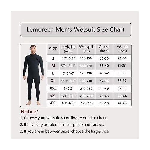  Lemorecn Men’s Surfing Wetsuit Super Stretch Neoprene 4/3mm Chest Zip Full Wetsuit for Men