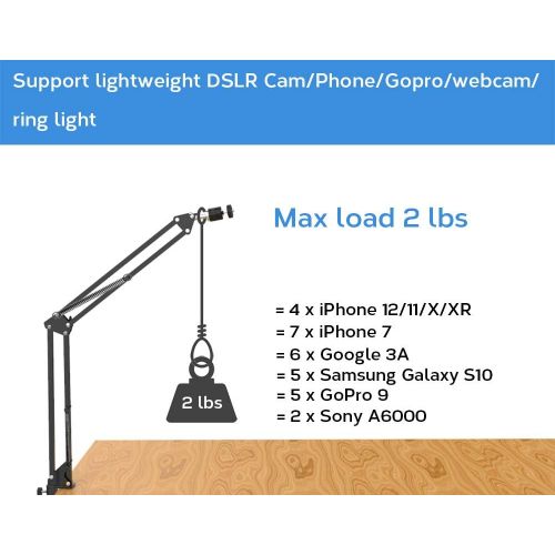  LenTok Overhead Tripod Mount for Camera Webcam Ring Light, Flexible Over Head Arm for iPhone with Phone Holder and Ball Head, Table Stand Accessory for Phone Video Recording Live Stream