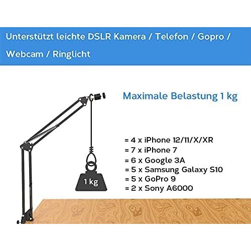  [아마존베스트]LenTok Overhead tripod for camera webcam ring light, flexible overhead arm for iPhone with phone holder, table tripod accessories for phone video recording live stream