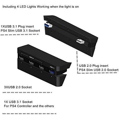  [아마존베스트]Lenboken-dobe Lenboken PS4 Slim Gaming Console Hub, 4 USB Port Hub for PS4 Slim, USB 3.1 High Speed USB 2.0 Super Transfer Speed Charger Controller Splitter Expansion Adapter with LED Light for