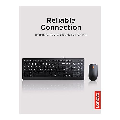 레노버 Lenovo 300 USB Combo, Full-Size Wired Keyboard & Mouse, Ergonomic, Left or Right Hand Mouse, Optical Mouse, GX30M39606, Black