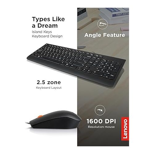 레노버 Lenovo 300 USB Combo, Full-Size Wired Keyboard & Mouse, Ergonomic, Left or Right Hand Mouse, Optical Mouse, GX30M39606, Black