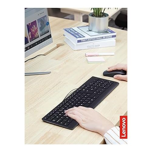 레노버 Lenovo 300 USB Combo, Full-Size Wired Keyboard & Mouse, Ergonomic, Left or Right Hand Mouse, Optical Mouse, GX30M39606, Black