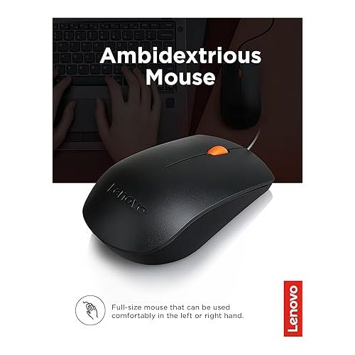 레노버 Lenovo 300 USB Combo, Full-Size Wired Keyboard & Mouse, Ergonomic, Left or Right Hand Mouse, Optical Mouse, GX30M39606, Black