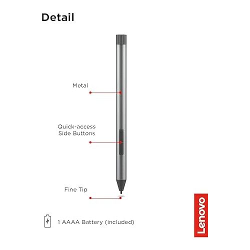 레노버 Lenovo Digital Pen 2 (Laptop) - Ultra-Tactile Response - 4,096 Levels of Pressure - Natural Feel Elastometer Pen Tip - Extended Battery Life - Silver, Grey