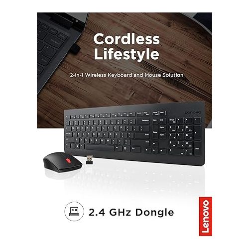 레노버 Lenovo 510 Wireless Keyboard & Mouse Combo, 2.4 GHz Nano USB Receiver, Full Size, Island Key Design, Left or Right Hand, 1200 DPI Optical Mouse, GX30N81775, Black