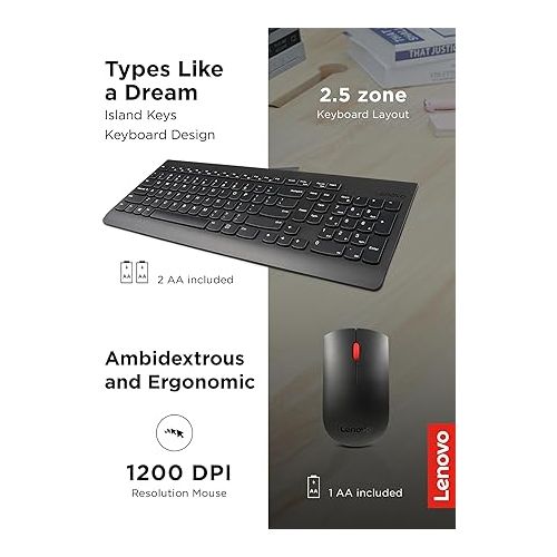 레노버 Lenovo 510 Wireless Keyboard & Mouse Combo, 2.4 GHz Nano USB Receiver, Full Size, Island Key Design, Left or Right Hand, 1200 DPI Optical Mouse, GX30N81775, Black