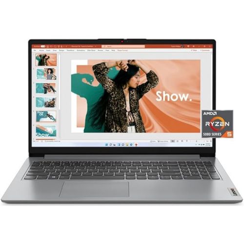 레노버 Lenovo IdeaPad 1 Laptop, 15.6” FHD Display, AMD Ryzen 5 5500U, 8GB RAM, 512GB SSD, Windows 11 Home, 720p Camera w/Privacy Shutter, Smart Noise Cancelling, Cloud Grey