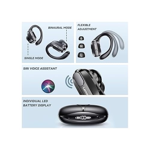 레노버 Lenovo XT80 Sports Wireless Earphone Headphones: Hi-Fi Stereo Sound, LED Power Display, Button Control & Mic Black