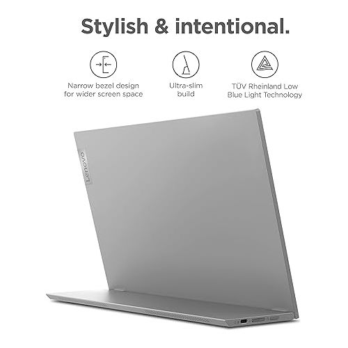 레노버 Lenovo L15 Portable Monitor, 15.6” Display, Full HD Resolution, IPS Panel, 250 nits Brightness, 60Hz Refresh Rate, USB-C Ports, Height-Adjustable Stand, Flicker-Free Technology, Grey