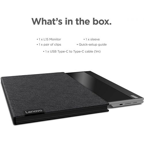 레노버 Lenovo L15 Portable Monitor, 15.6” Display, Full HD Resolution, IPS Panel, 250 nits Brightness, 60Hz Refresh Rate, USB-C Ports, Height-Adjustable Stand, Flicker-Free Technology, Grey