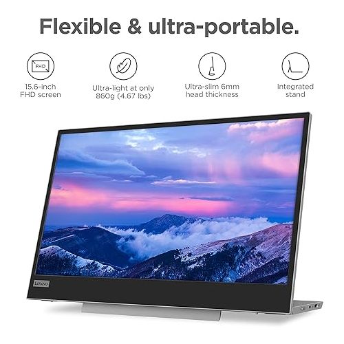 레노버 Lenovo L15 Portable Monitor, 15.6” Display, Full HD Resolution, IPS Panel, 250 nits Brightness, 60Hz Refresh Rate, USB-C Ports, Height-Adjustable Stand, Flicker-Free Technology, Grey