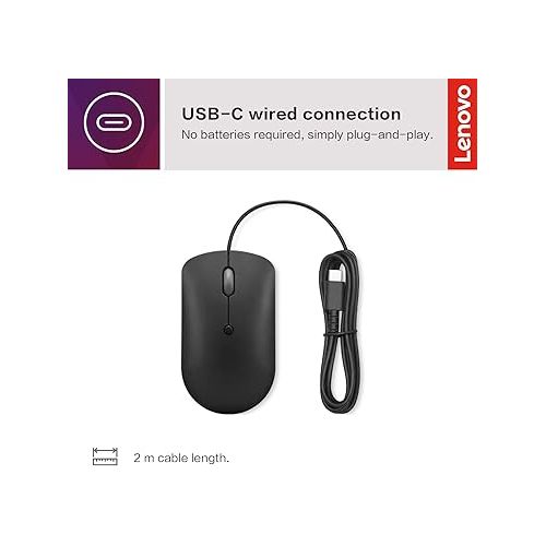 레노버 Lenovo 400 USB-C Compact Wired Mouse - Pocket Friendly Portable Mouse for Notebook or Large Computer Monitor, Black