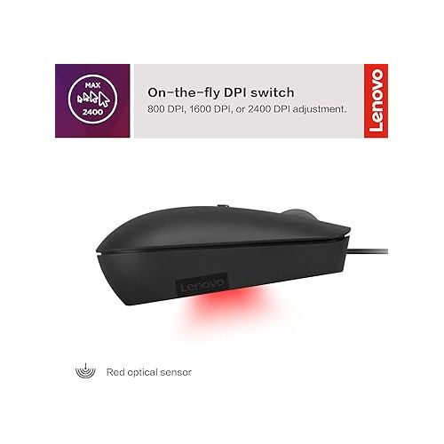 레노버 Lenovo 400 USB-C Compact Wired Mouse - Pocket Friendly Portable Mouse for Notebook or Large Computer Monitor, Black