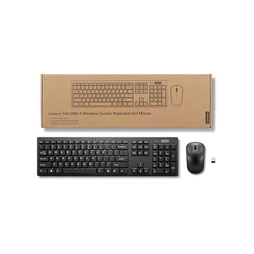 레노버 Lenovo 100 Wireless Keyboard and Mouse Combo - Cordless Set with Spill Resistant Quiet Keys - 3-Zone Keyboard - Ambidextrous Mouse - Compact Design - Wireless USB -Black