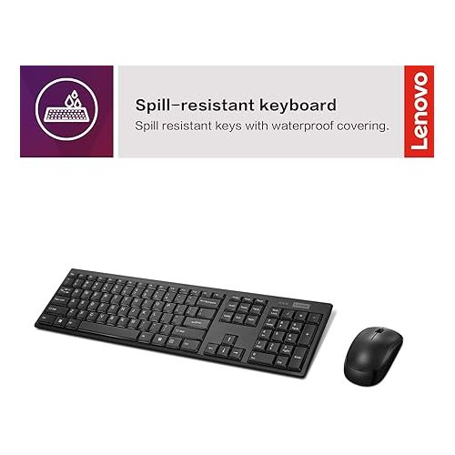 레노버 Lenovo 100 Wireless Keyboard and Mouse Combo - Cordless Set with Spill Resistant Quiet Keys - 3-Zone Keyboard - Ambidextrous Mouse - Compact Design - Wireless USB -Black