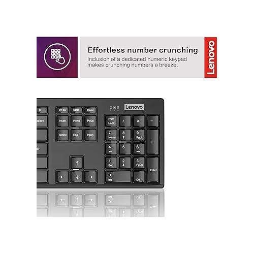 레노버 Lenovo 100 Wireless Keyboard and Mouse Combo - Cordless Set with Spill Resistant Quiet Keys - 3-Zone Keyboard - Ambidextrous Mouse - Compact Design - Wireless USB -Black