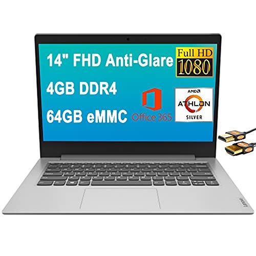 레노버 Lenovo Ideapad 1 14 Laptop Computer 14 Full HD Anti-Glare Display AMD Athlon Silver 3050e 4GB DDR4 64GB eMMC Office 365 Dolby Audio Webcam Win 10 + HDMI Cable