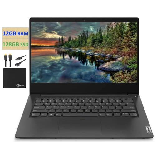 레노버 2021 Flagship Lenovo Ideapad 3 Laptop, 14 HD Display, Intel Pentium Gold 6405U 2.4 GHz, 12GB DDR4 RAM, 128GB NVMe M.2 SSD, Bluetooth 5.0, Webcam, WiFi, HDMI, Windows 10 S, Black +