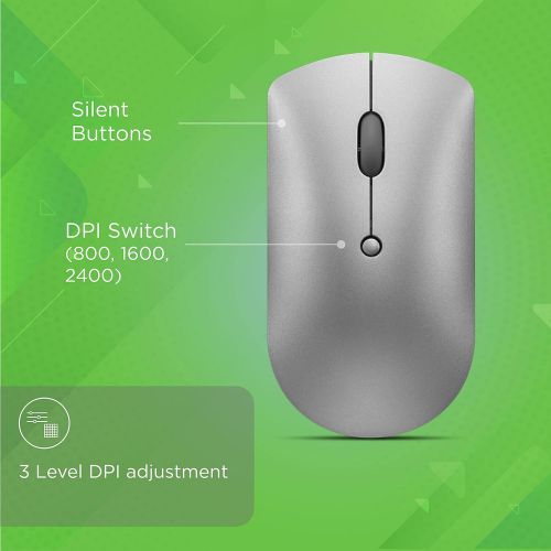 레노버 Lenovo 600 Bluetooth Silent Mouse, Blue Optical Sensor, Adjustable DPI, 4 Button, Microsoft Swift Pair, Windows, Chrome, GY50X88832, Gray