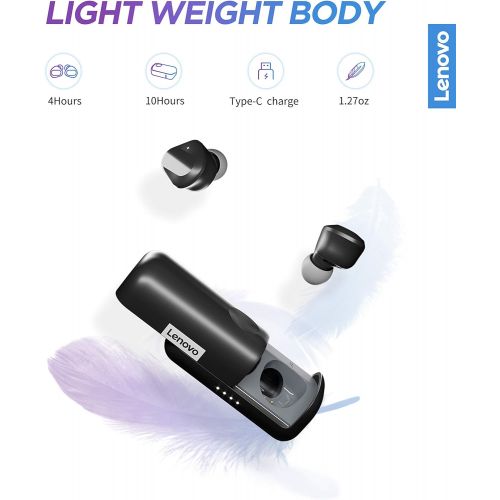 레노버 Lenovo True Wireless Earbuds Bluetooth 5.0 IPX5 Waterproof with USB-C Quick Charge and Built-in Microphone for Work/Travel/Gym (Black)