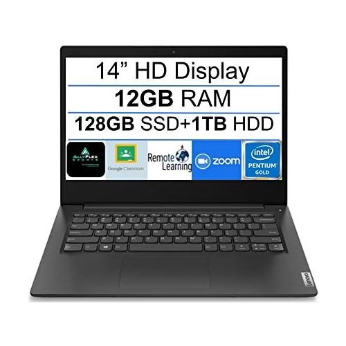 레노버 2021 Lenovo Ideapad 3 14 HD Display Premium Laptop, Intel Pentium Gold 6405U 2.4 GHz, 12GB DDR4 RAM, 128GB SSD+1TB HDD, Bluetooth 5.0, Webcam,WiFi, HDMI, Windows 10 S, Black + Ally