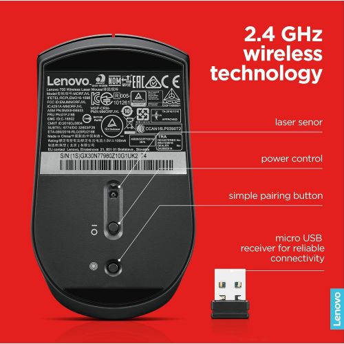 레노버 Lenovo 700 Wireless Laser Mouse, Black, 1600 dpi, 2.4 GHz Wireless via USB, 4-way scroll wheel, Full-size ergonomic design, Accurate Laser sensor, Up to 24 months battery life, GX3