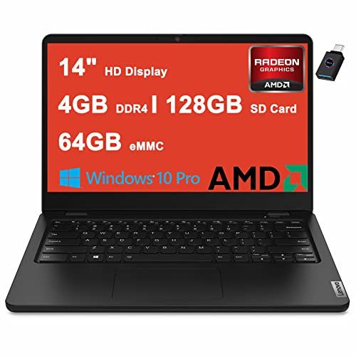 레노버 Lenovo Ideapad 14W Gen 2 14 Student Laptop I 14 HD Anti-Glare Display I AMD 3015e Processor I 4GB DDR4 64GB eMMC + 128GB SD Card I AMD Radeon Graphic I HDMI Win10Pro Black + USB-C