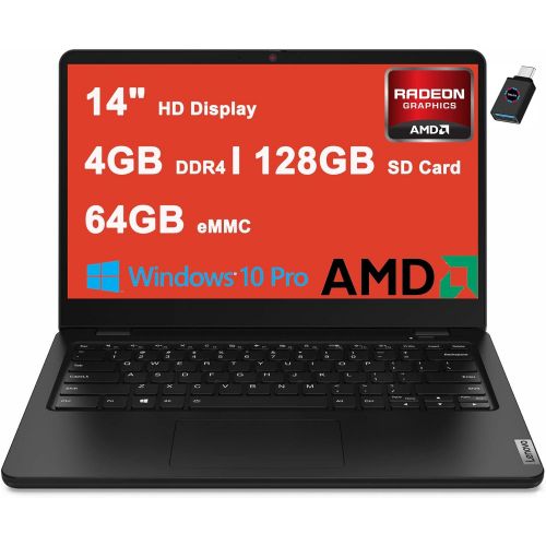 레노버 Lenovo Ideapad 14W Gen 2 14 Student Laptop I 14 HD Anti-Glare Display I AMD 3015e Processor I 4GB DDR4 64GB eMMC + 128GB SD Card I AMD Radeon Graphic I HDMI Win10Pro Black + USB-C