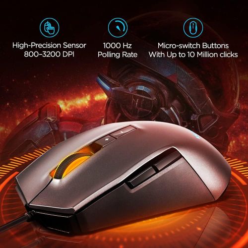 레노버 Lenovo IdeaPad M100 Gaming Mouse, Optical Sensor, Adjustable Resolution to 3200 DPI, 7 Programmable Buttons, 2 Zone RGB Backlight, GY50Z71902, Black