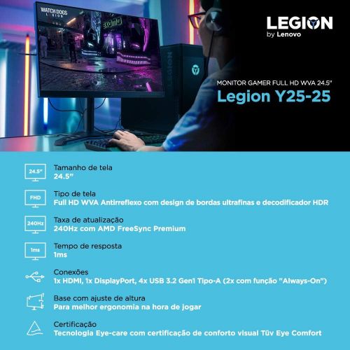 레노버 Lenovo Legion Y25-25 24.5-inch FHD LCD Gaming Monitor, 16:9, LED Backlit, AMD FreeSync Premium, 240Hz, 1ms Response Time