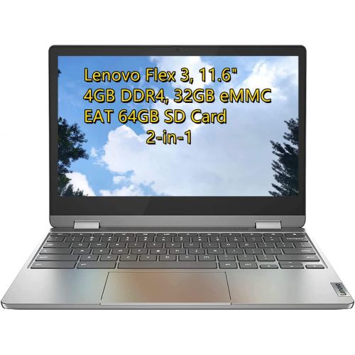 레노버 Lenovo Flex 3 11.6 HD (1366 x 768) 2-in-1 Chromebook Laptop, Mediatek MT8183 up to 1.6 GHz, 4GB DDR4, 32GB eMMC, Webcam, Bluetooth, Chrome OS, EAT 64GB SD Card, Arctic Grey