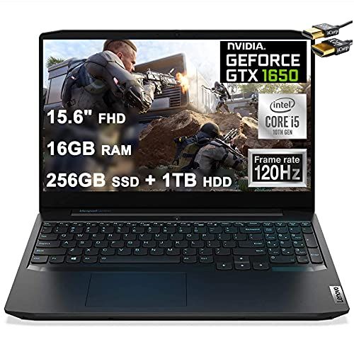 레노버 Lenovo Ideapad 3 Gaming Laptop 15.6 FHD IPS 120Hz Intel Quad-Core i5-10300H (Beats i7-8850H) 16GB DDR4 256GB SSD + 1TB HDD GTX 1650 4GB Backlit KB USB-C Dolby Win10 + HDMI Cable