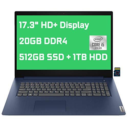 레노버 2021 Lenovo IdeaPad 3 Premium Business Laptop I 17.3 HD+ Display I 10th Gen Intel 4-Core i5-1035G1 ( i7-8665U) I 20GB DDR4 512GB SSD + 1TB HDD I Fingerprint Dolby Win10 + 32GB Micr